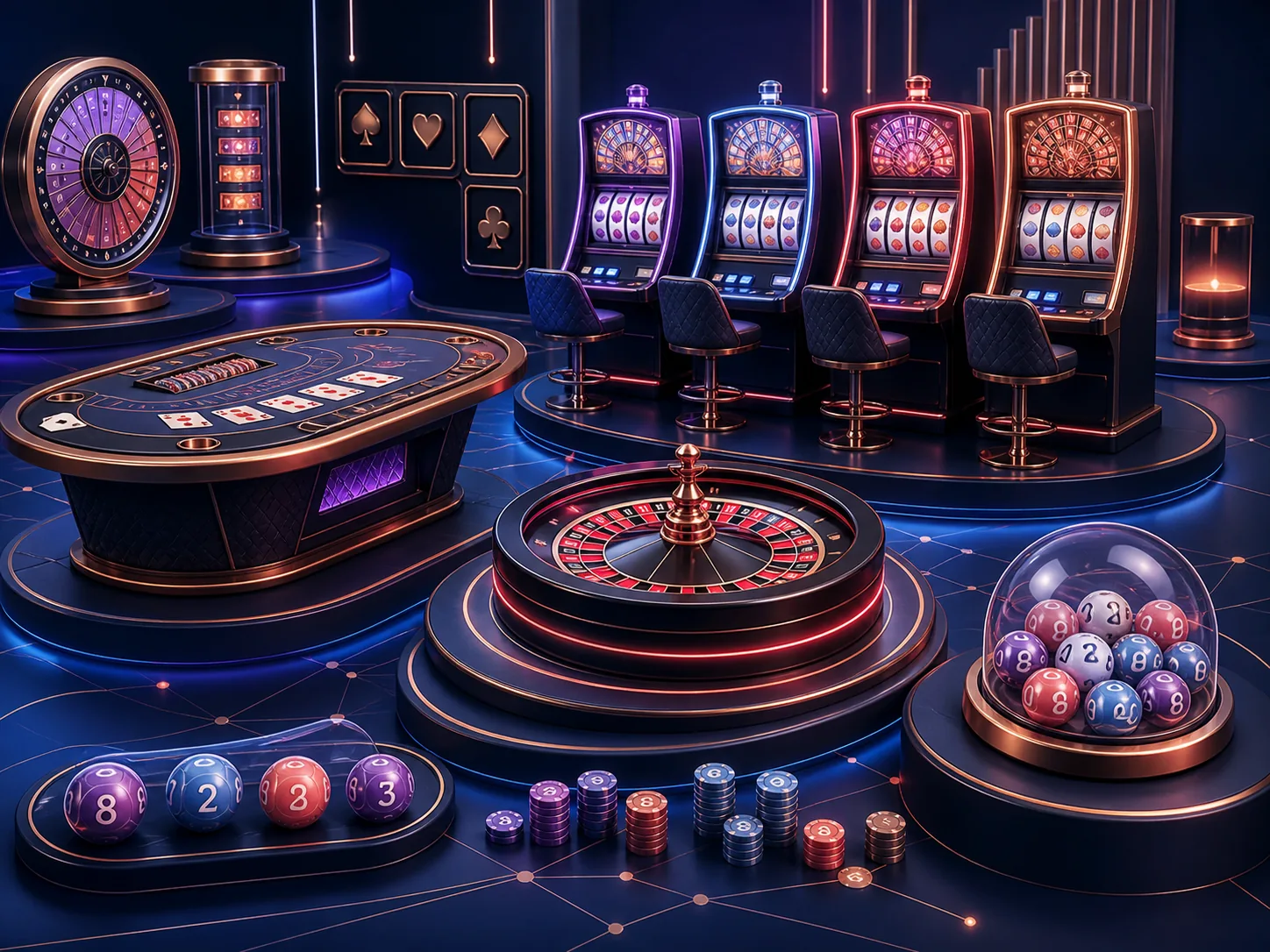 Kategori permainan kasino generik dengan mesin slot, roulette, kartu, dan permainan angka