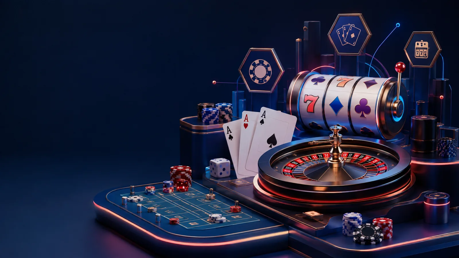 Panorama kasino daring generik dengan slot, roulette, kartu, dan meja permainan